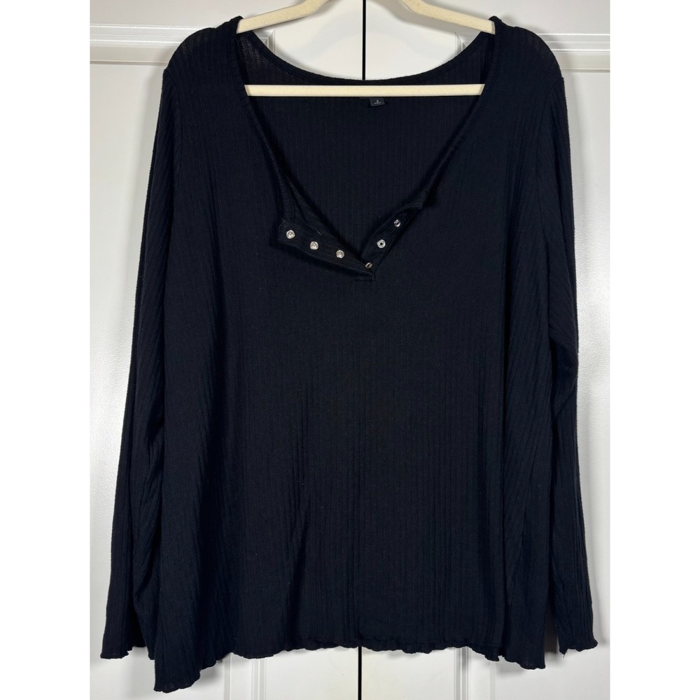 Torrid Womens Snap Henley T-Shirt Deep Black Ribbed Knit Stretch Long Sleeve 3X